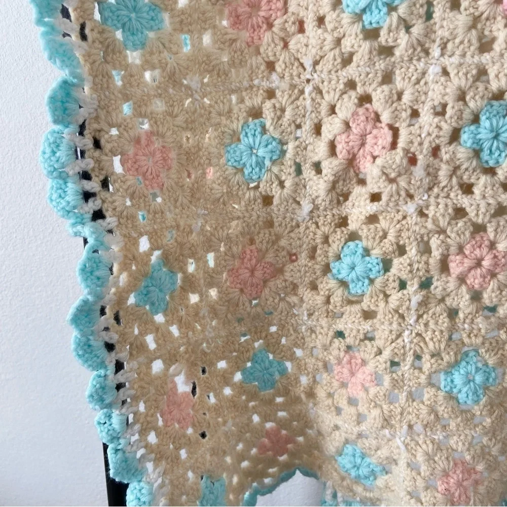 Vintage crochet knit throw blanket pastel baby nursery